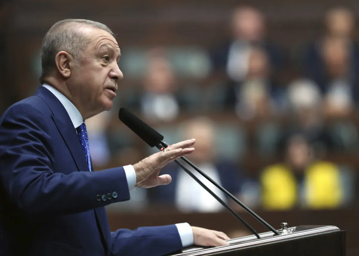 Turkish President Recep Tayyip Erdogan addresses his ruling party legislators in Ankara, Turkey, on May 18, 2022. (Turkish Presidency via AP Photo)