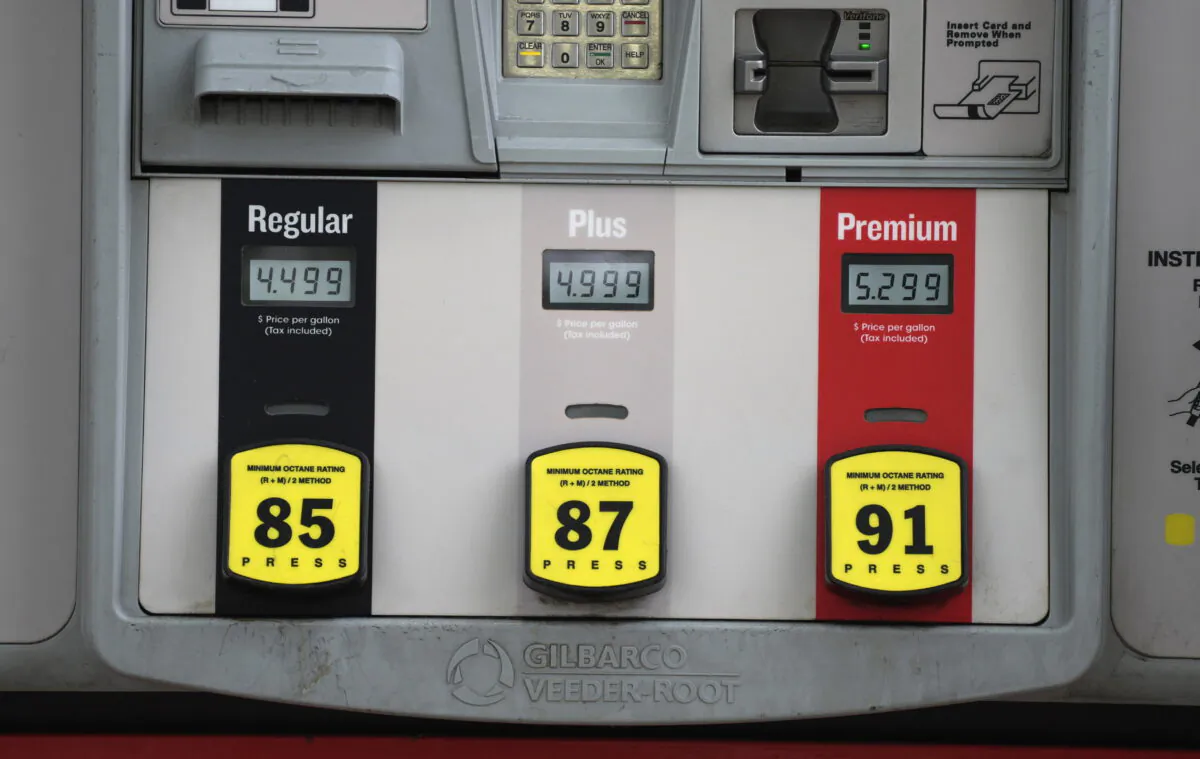The prices are dispalyed above the various grades of gasoline available at a Conoco station in Denver, on May 21, 2022. (David Zalubowski/AP Photo)