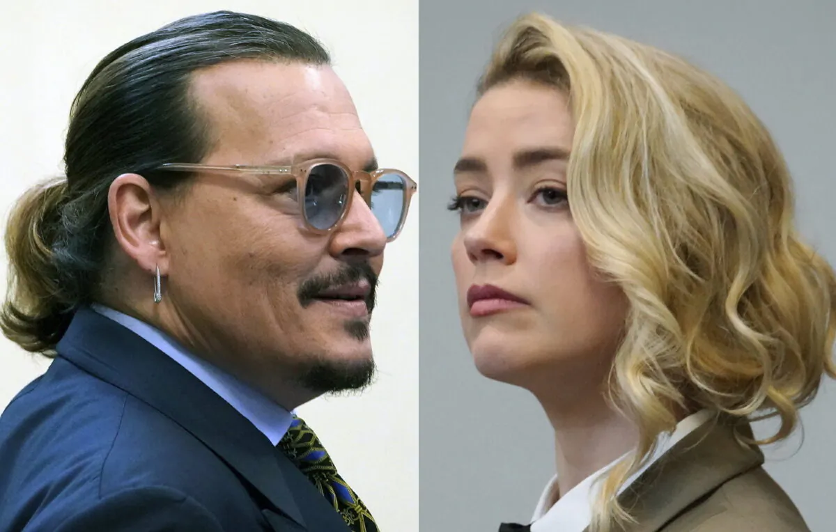 This combination of two separate photos shows actor Johnny Depp (L) and actress Amber Heard in the courtroom at the Fairfax County Circuit Courthouse in Fairfax, Va., on May 23, 2022. (Steve Helber/Pool via AP Photo)