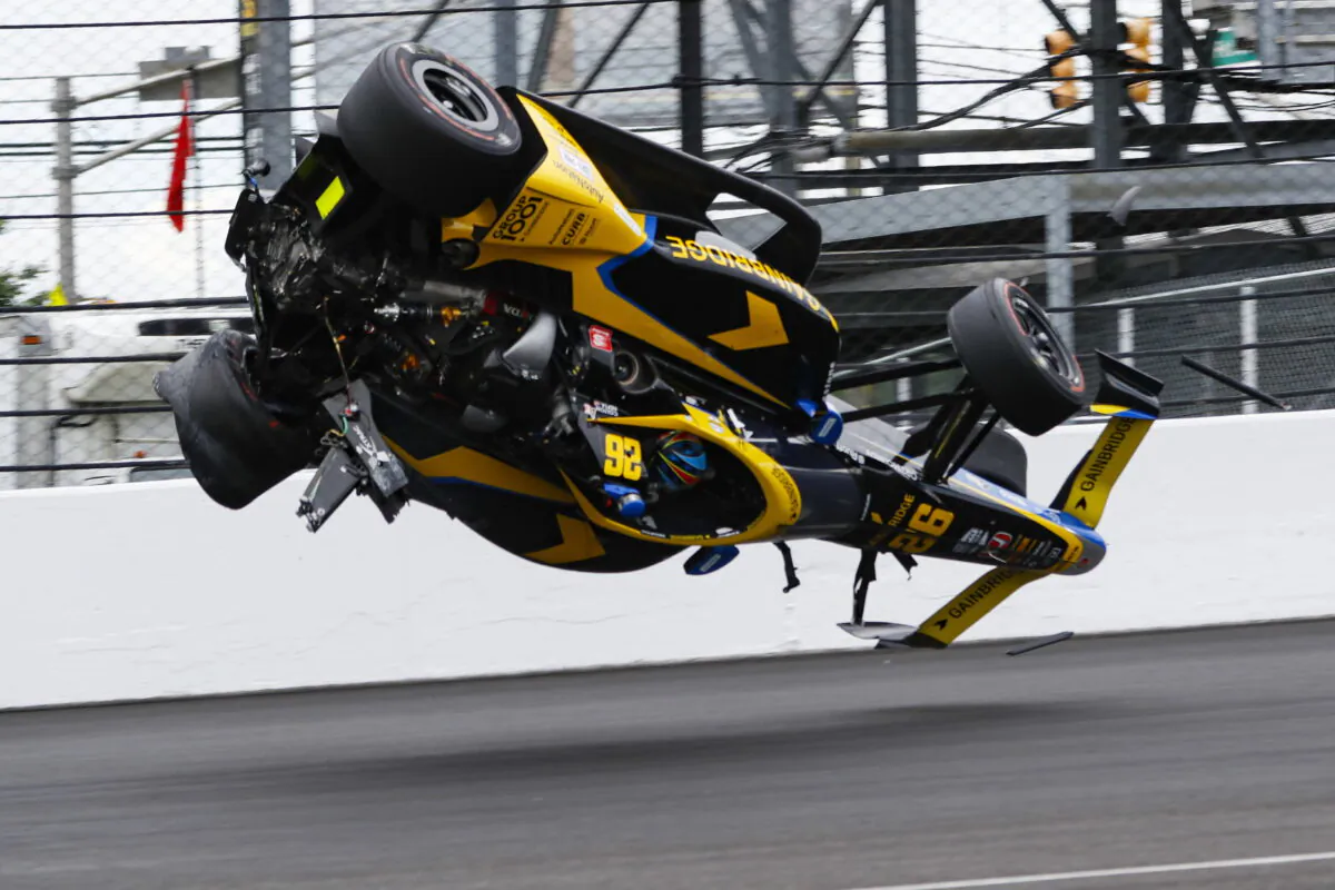 Colton Herta crashes in the first turn during the final practice for the Indianapolis 500 auto race at Indianapolis Motor Speedway in Indianapolis on May 27, 2022. (Kirk DeBrunner/AP Photo)