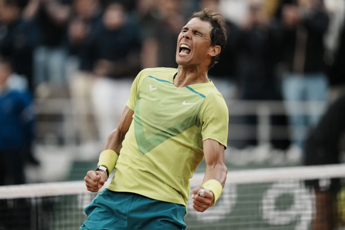 Spain's Rafael Nadal celebrates winning against Canada's Felix Auger-Aliassime in 5 sets, 3–6, 6–3, 6–2, 3–6, 6–3, during their fourth round match at the French Open tennis tournament in Roland Garros stadium in Paris on May 29, 2022. (Thibault Camus/AP Photo)