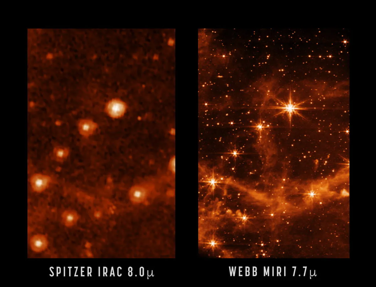 This combination of images provided by NASA shows part of the Large Magellanic Cloud, a small satellite galaxy of the Milky Way, seen by the retired Spitzer Space Telescope (Left), and the new James Webb Space Telescope, on May 9, 2022. (NASA/JPL-Caltech, NASA/ESA/CSA/STScI via AP)