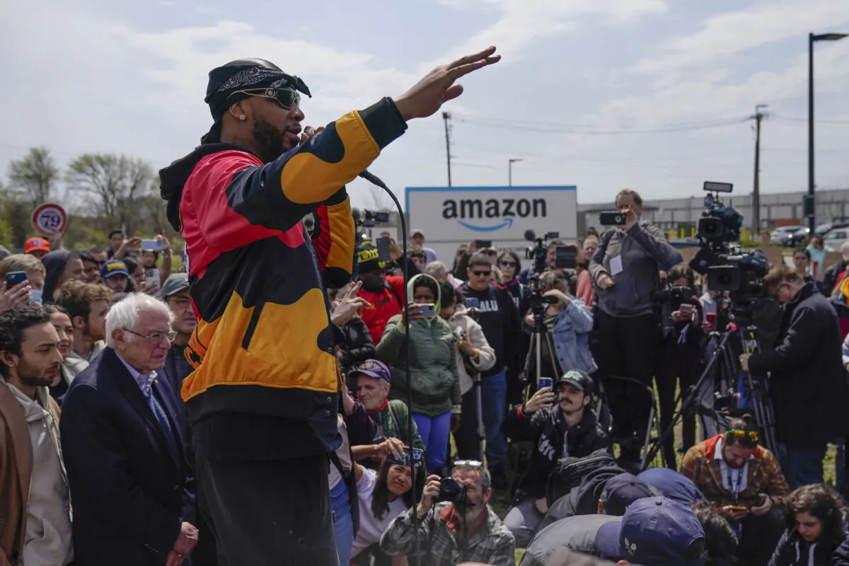 Christian Smalls, president of the Amazon Labor Union, speaks at a rally outside an Amazon facility on Staten Island, New York, on April 24, 2022. (Seth Wenig/AP Photo)