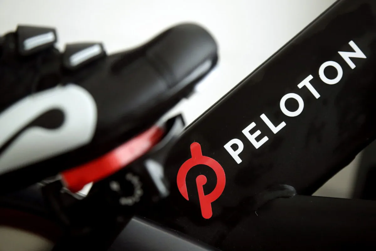 The logo on a Peloton bike in San Francisco on Nov. 19, 2019. (Jeff Chiu/AP Photo)