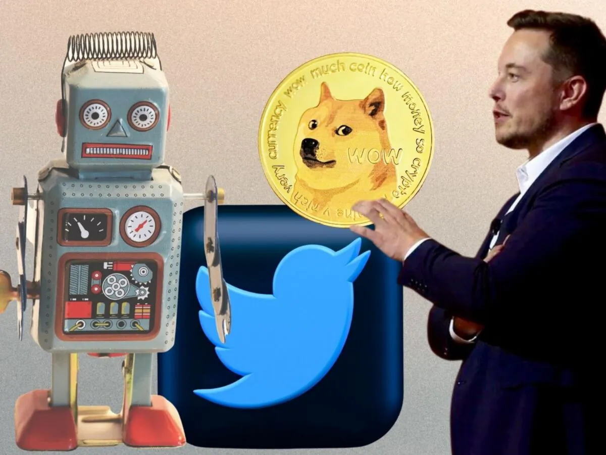A photo illustration of Elon Musk (R) holding the Dogecoin sign, next to the Twitter Inc.'s logo and a robot. (Steve Jurvetson/Flickr via Benzinga)