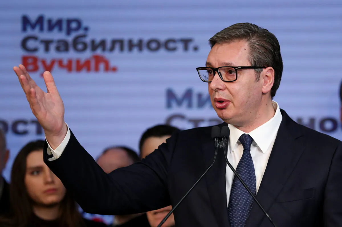 Serbian President and presidential candidate Aleksandar Vucic speaks after the results of the presidential election, in Belgrade, Serbia, on April 3, 2022. (Antonio Bronic/Reuters)