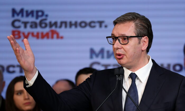 Serbian President and presidential candidate Aleksandar Vucic speaks after the results of the presidential election, in Belgrade, Serbia, on April 3, 2022. (Antonio Bronic/Reuters)
