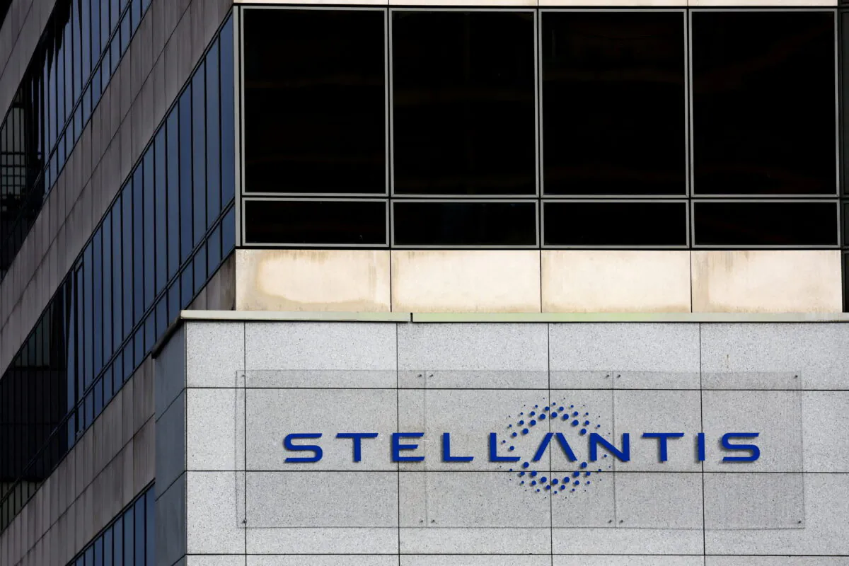 Stellantis logo on the company's headquarters in Poissy near Paris, on Feb. 20, 2022. (Gonzalo Fuentes/Reuters)
