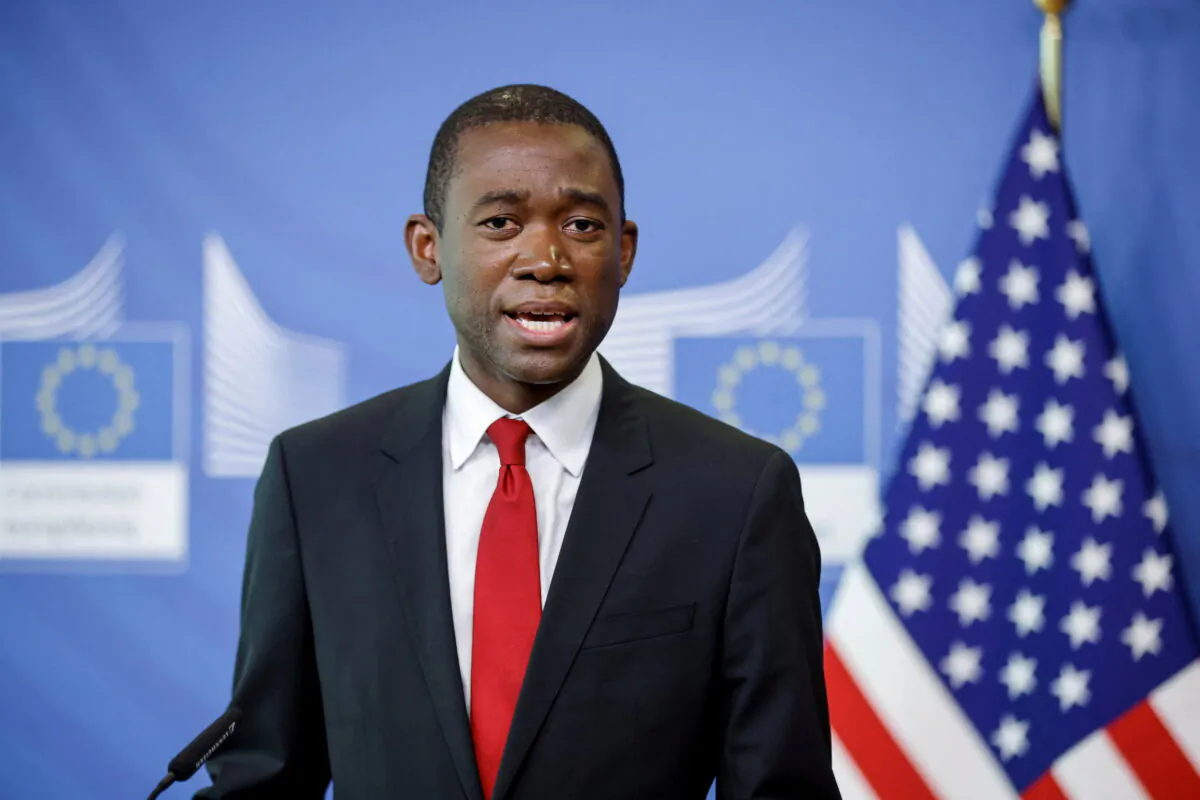 U.S. Deputy Treasury Secretary Wally Adeyemo speaks during a joint news conference with EU Commissioner McGuinness (not pictured) in Brussels on March 29, 2022. (Johanna Geron/Pool/Reuters)