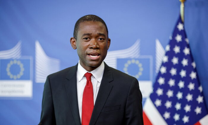 U.S. Deputy Treasury Secretary Wally Adeyemo speaks during a joint news conference with EU Commissioner McGuinness (not pictured) in Brussels on March 29, 2022. (Johanna Geron/Pool/Reuters)