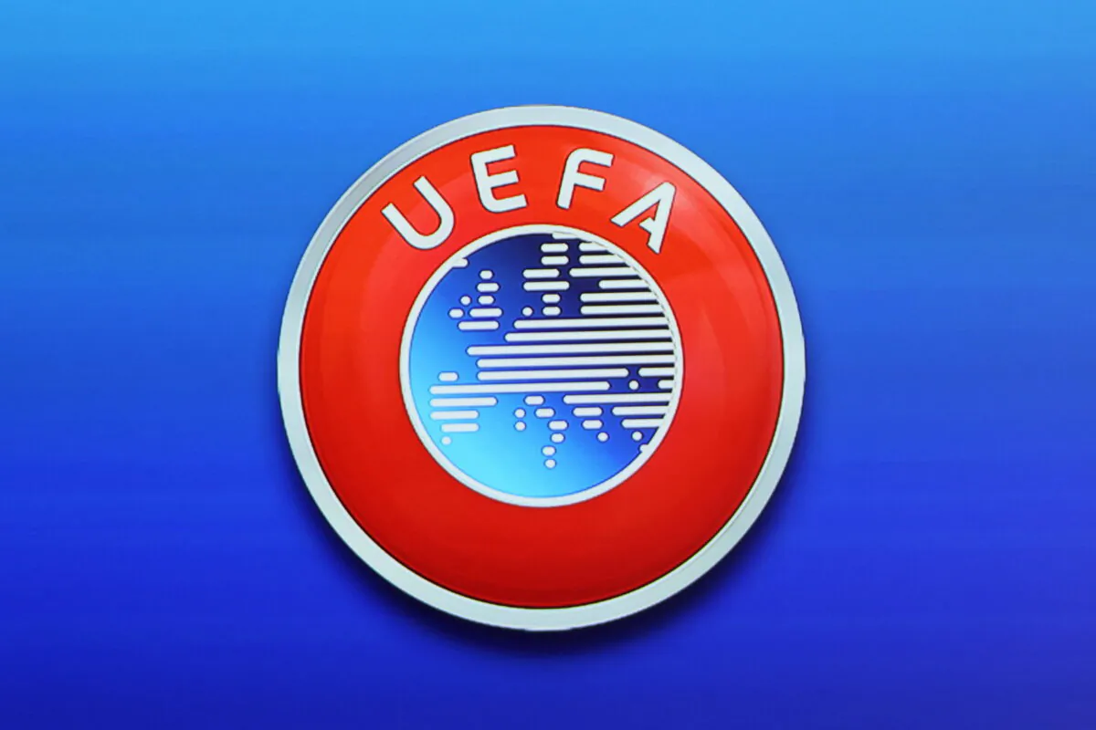 UEFA logo is displayed in this illustration during the news conference of UEFA Executive Committee News Conference, in Nyon, Switzerland, on April 7, 2022 A (Denis Balibouse/Illustration/Reuters)