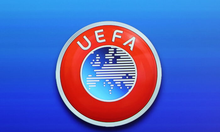 UEFA logo is displayed in this illustration during the news conference of UEFA Executive Committee News Conference, in Nyon, Switzerland, on April 7, 2022 A (Denis Balibouse/Illustration/Reuters)