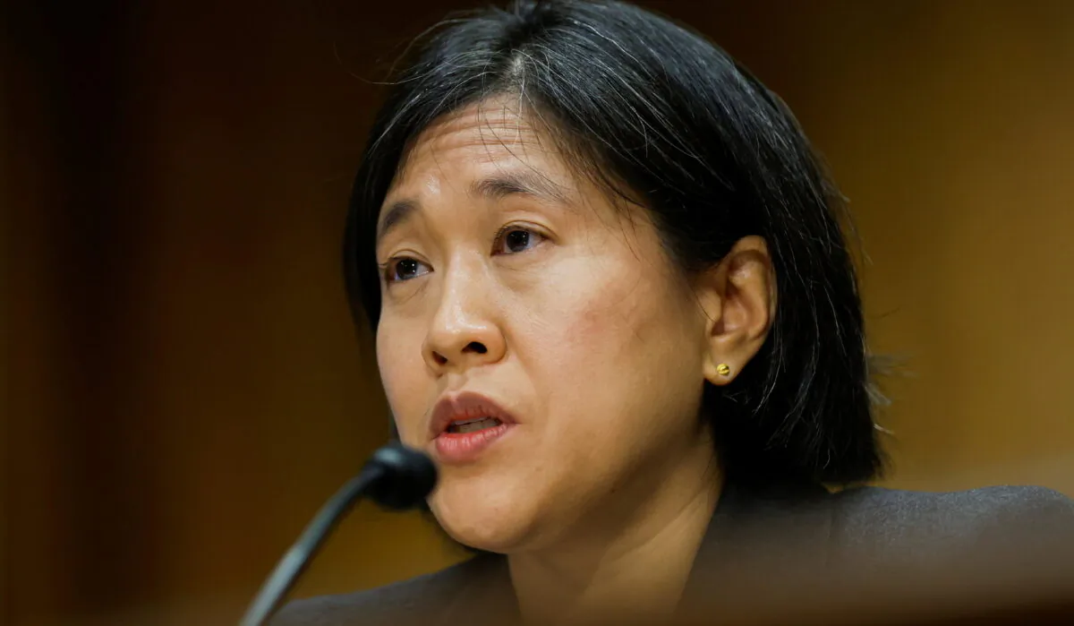 U.S. Trade Representative Katherine Tai testifies before a Senate Finance Committee hearing on President Biden's trade policy agenda on Capitol Hill in Wash., on March 31, 2022.  (Jonathan Ernst/Reuters)