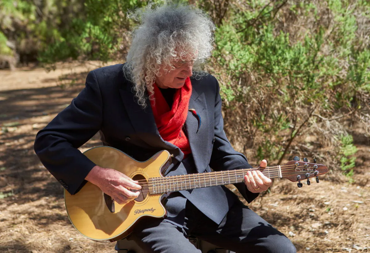 Musician Brian May plays the guitar while making a music video in Teide National Park, Tenerife, Spain, in a file photo. (Richard Gray/Duck Productions/Handout via Reuters) 