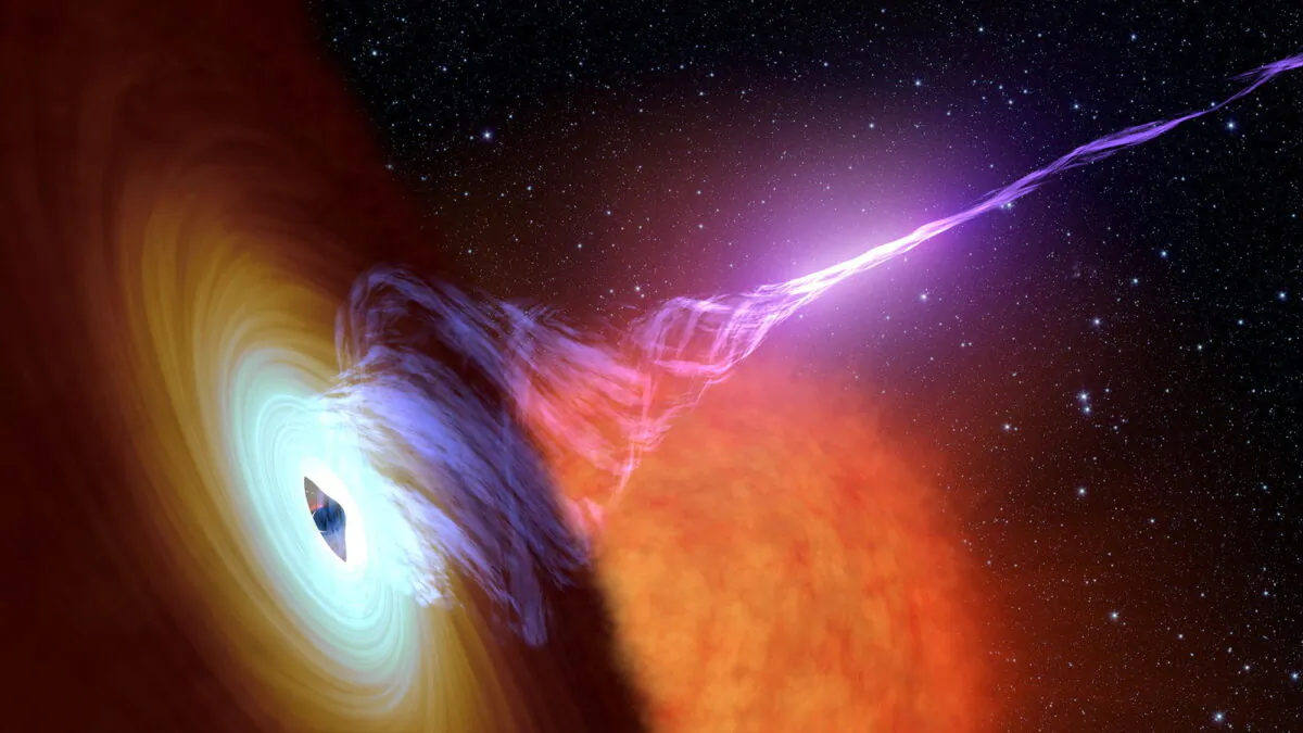 This artist’s concept shows a black hole with an accretion disk—a flat structure of material orbiting the black hole, and a jet of hot gas, called plasma, on Oct. 30, 2017. (NASA/JPL-Caltech/Handout via Reuters)