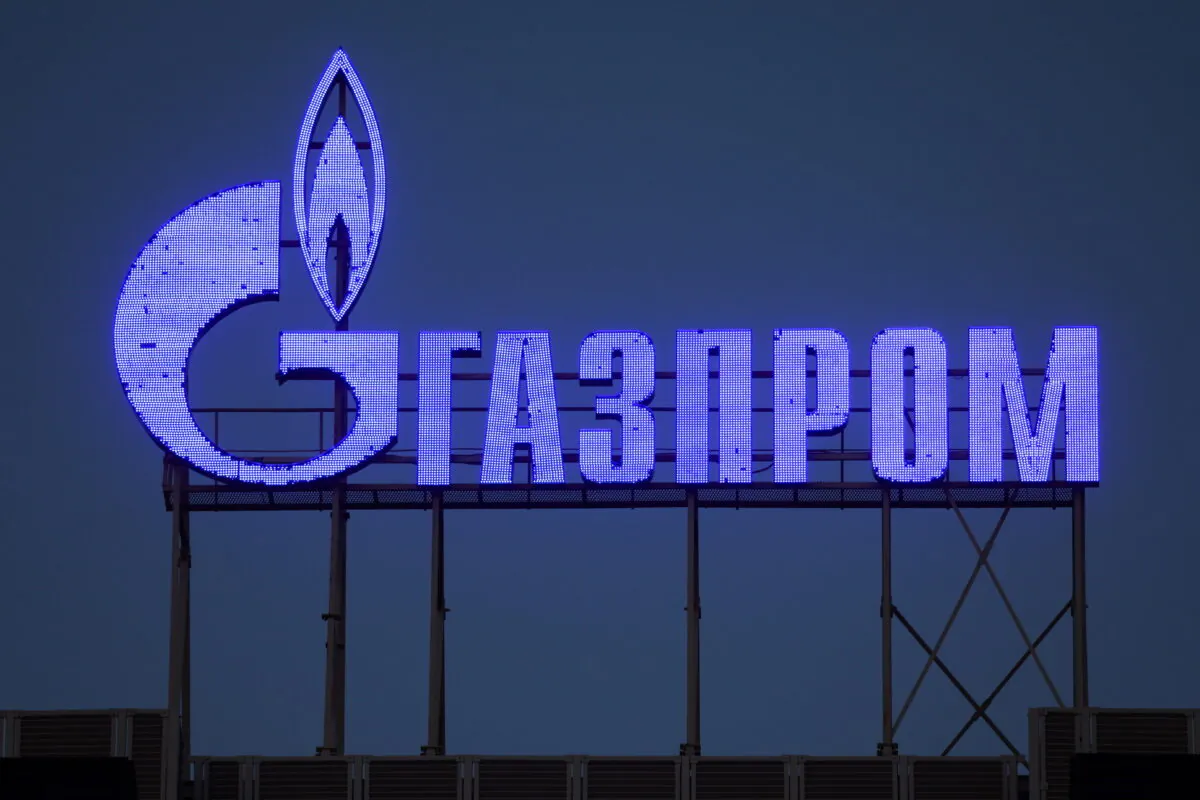 The logo of Gazprom company is seen on the facade of a business center in Saint Petersburg, Russia, on March 31, 2022.  (Reuters photographer/Reuters)