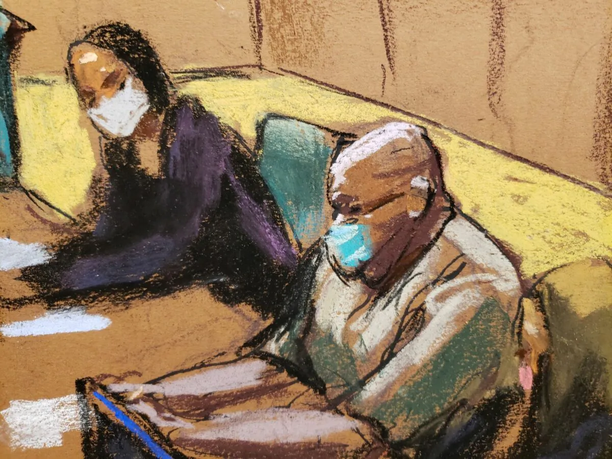 In this courtroom sketch Frank James, the suspect in the Brooklyn subway shooting, sits as he appears during his court hearing in New York City, on Apr. 14, 2022. (Jane Rosenberg/Reuters)
