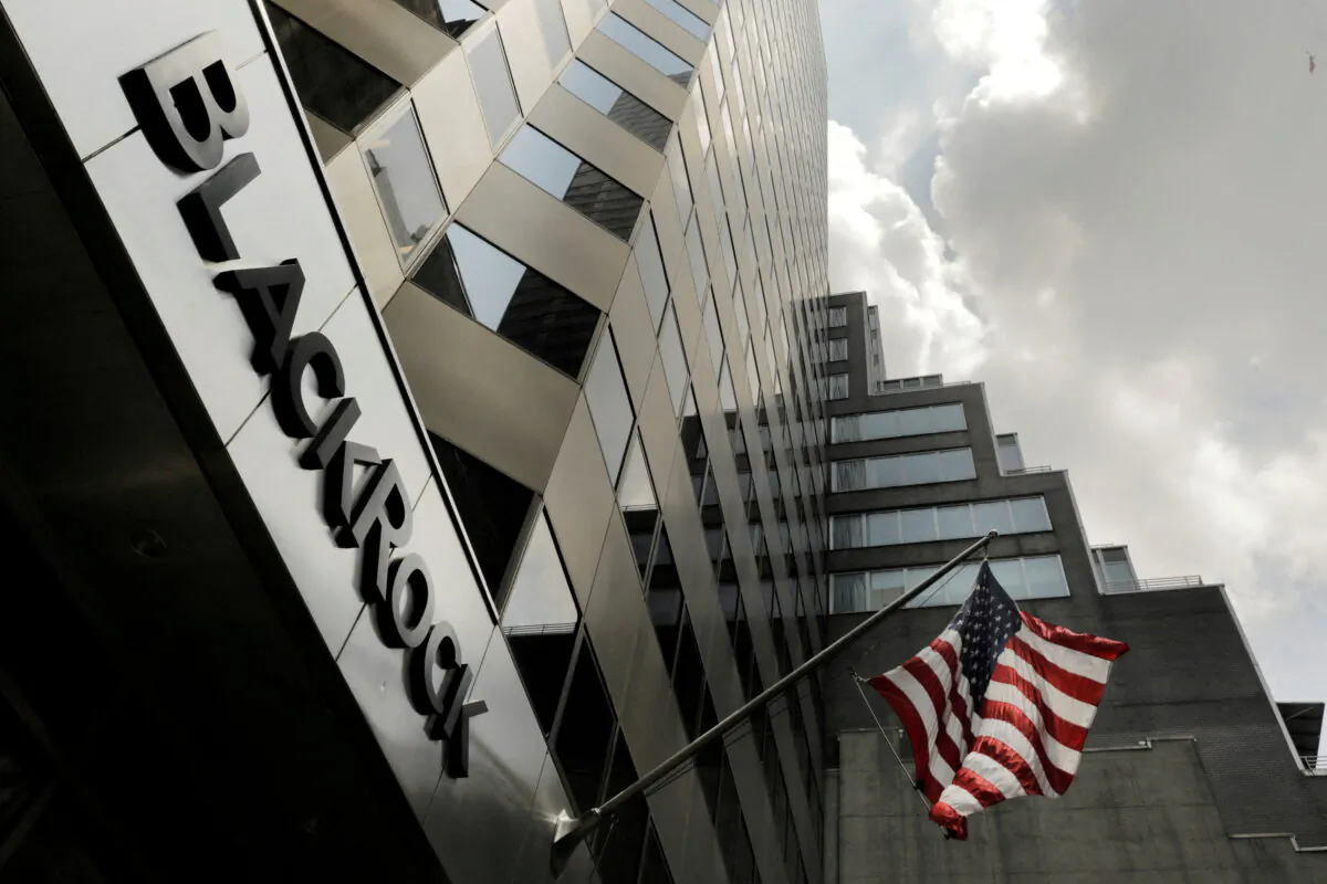 A sign for BlackRock Inc. hangs above the company's building in New York on July 16, 2018. (Lucas Jackson/Reuters)