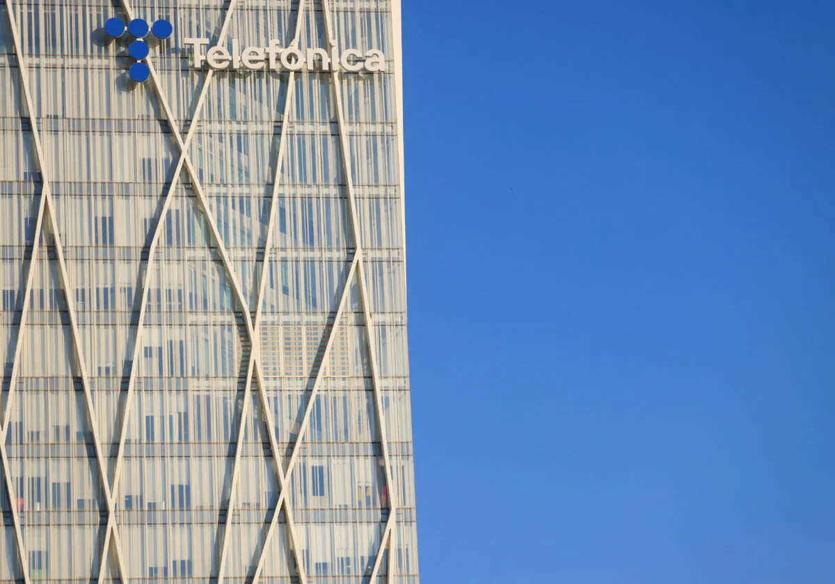 The logo of Spanish Telecom company Telefonica is seen at its headquarters in Barcelona, Spain, on May 12, 2022. (Nacho Doce/Reuters)