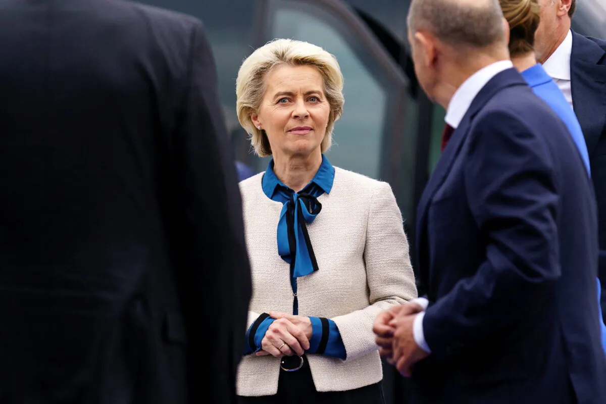 European Commission President Ursula von der Leyen attends a press conference during the North Sea Summit on offshore wind energy at the Port of Esbjerg, Denmark, on May 18, 2022. (Bo Amstrup/Ritzau Scanpix via Reuters)