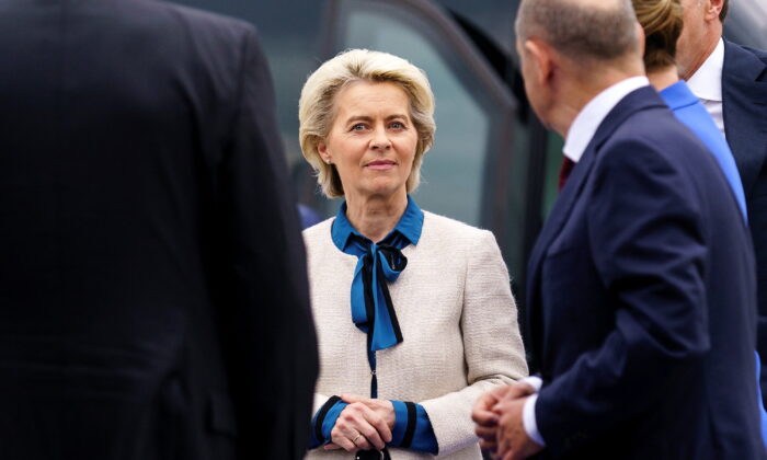 European Commission President Ursula von der Leyen attends a news conference during the North Sea Summit on offshore wind energy at the Port of Esbjerg, Denmark, on May 18, 2022. (Bo Amstrup/Ritzau Scanpix via Reuters)
