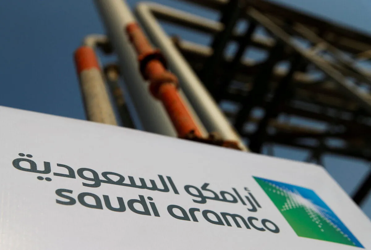 A Saudi Aramco logo at its oil facility in Abqaiq, Saudi Arabia, on Oct. 12, 2019. (Maxim Shemetov/Reuters)