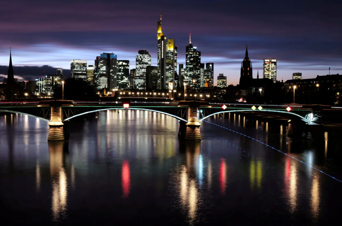 The skyline with its financial district is photographed during sunset as the spread of the coronavirus disease (COVID-19) continues in Frankfurt, Germany, on Oct. 26, 2020. (Kai Pfaffenbach/ Global Business Week Ahead/Reuters)