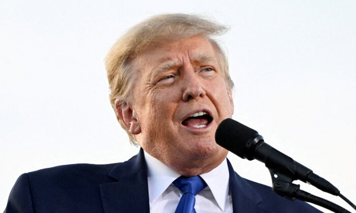 Former President Donald Trump speaks during a rally to boost Ohio Republican candidates ahead of their May 3 primary election, at the county fairgrounds in Delaware, Ohio, on April 23, 2022. (Gaelen Morse/Reuters)