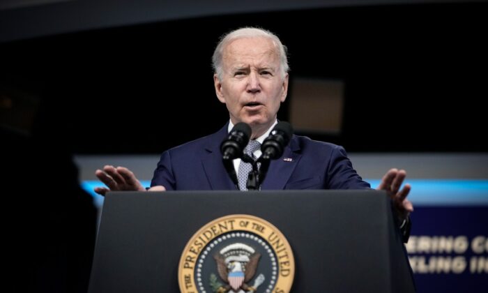 President Joe Biden speaks about inflation and the economy in the South Court Auditorium on the White House campus in Washington on May 10, 2022. (Drew Angerer/Getty Images)