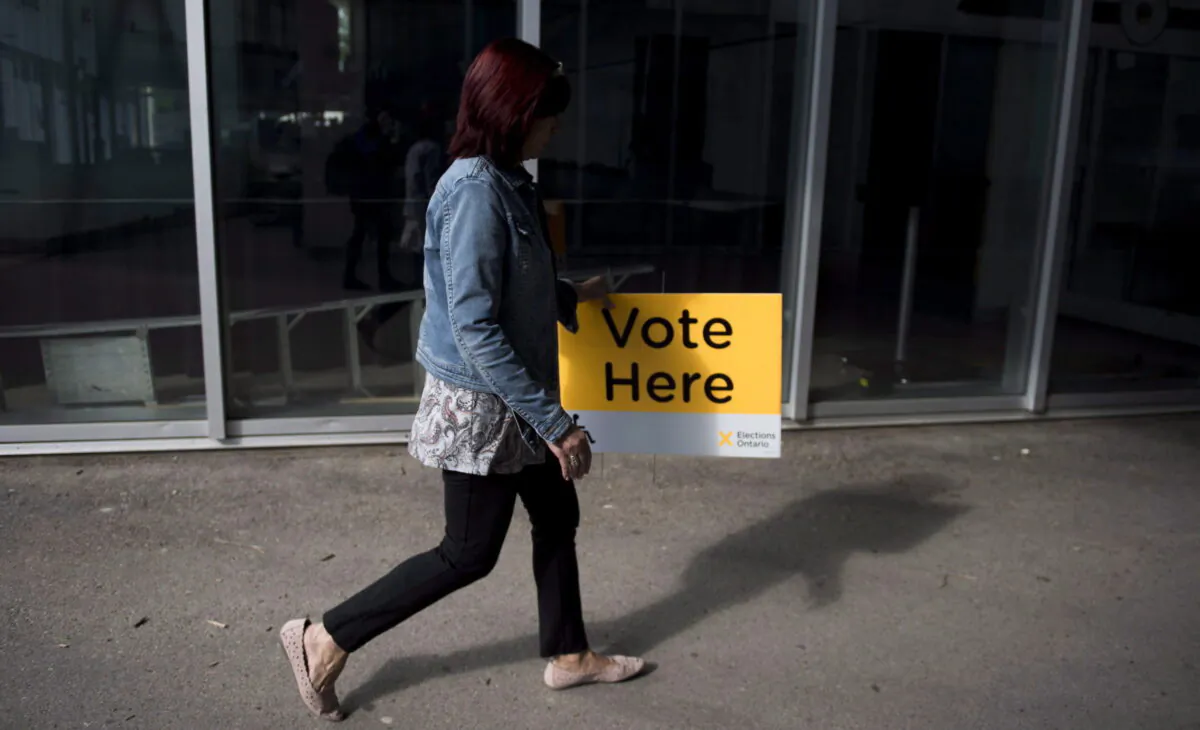 Poll clerk Carmela Caccavo puts up Elections Ontario voting signs outside of the Mississauga-Erin Mills polling station on University of Toronto, Mississauga Campus on June 7, 2018. (Marta Iwanek/The Canadian Press)