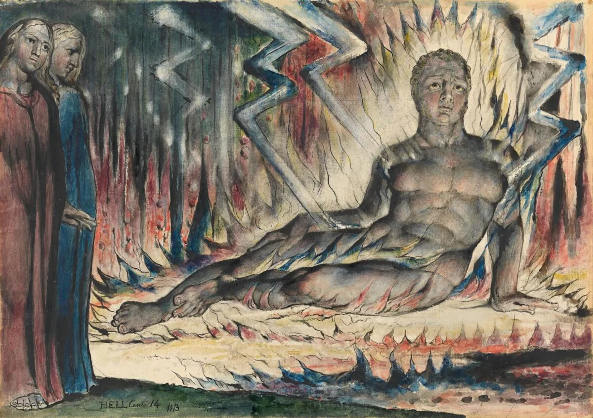 In Canto 14 of Dante's "Inferno," Capaneus says without the slightest remorse: “What I was once, alive, I still am, dead." “Capaneus the Blasphemer” by William Black. Felton Bequest, 1920; National Gallery of Victoria, Melbourne. (National Gallery of Victoria, Melbourne)