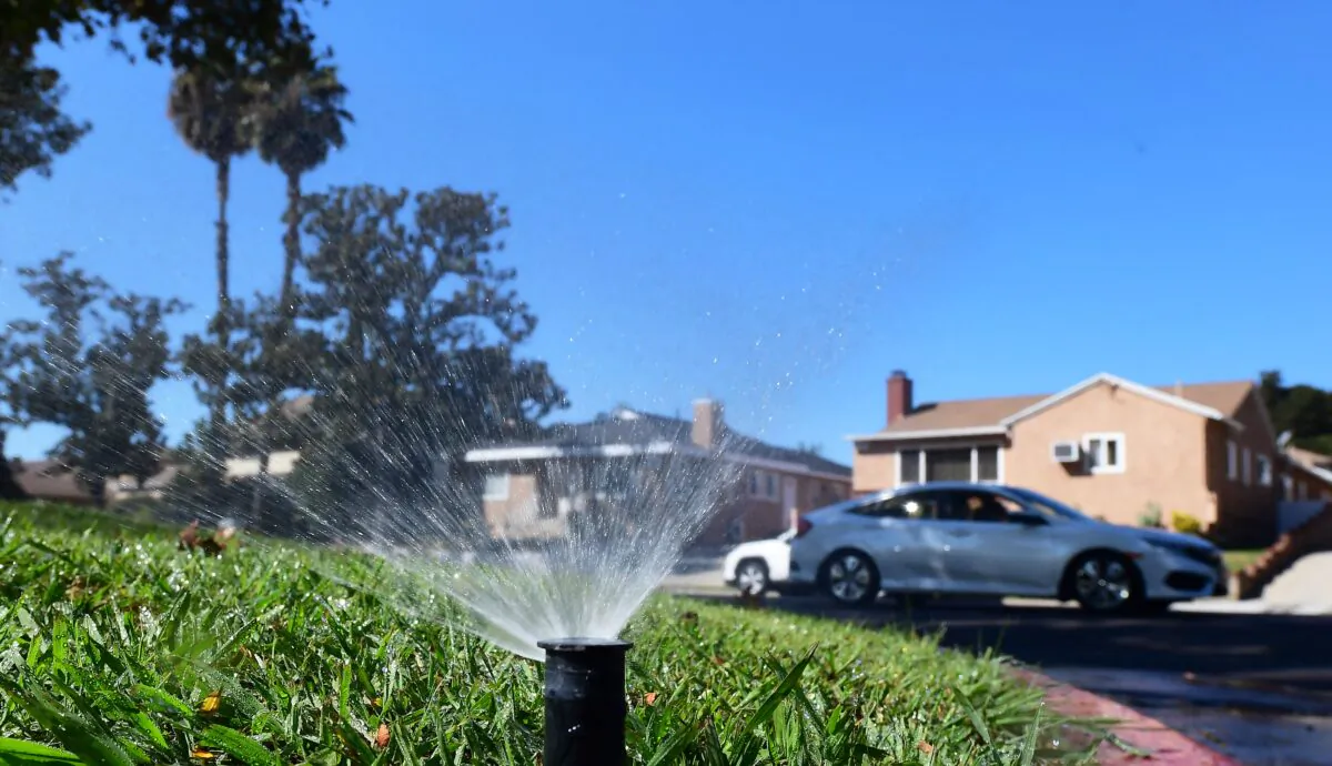 A sprinkler waters grass in Alhambra, Calif., on Sept. 23, 2021. (Frederic J. Brown/AFP via Getty Images)