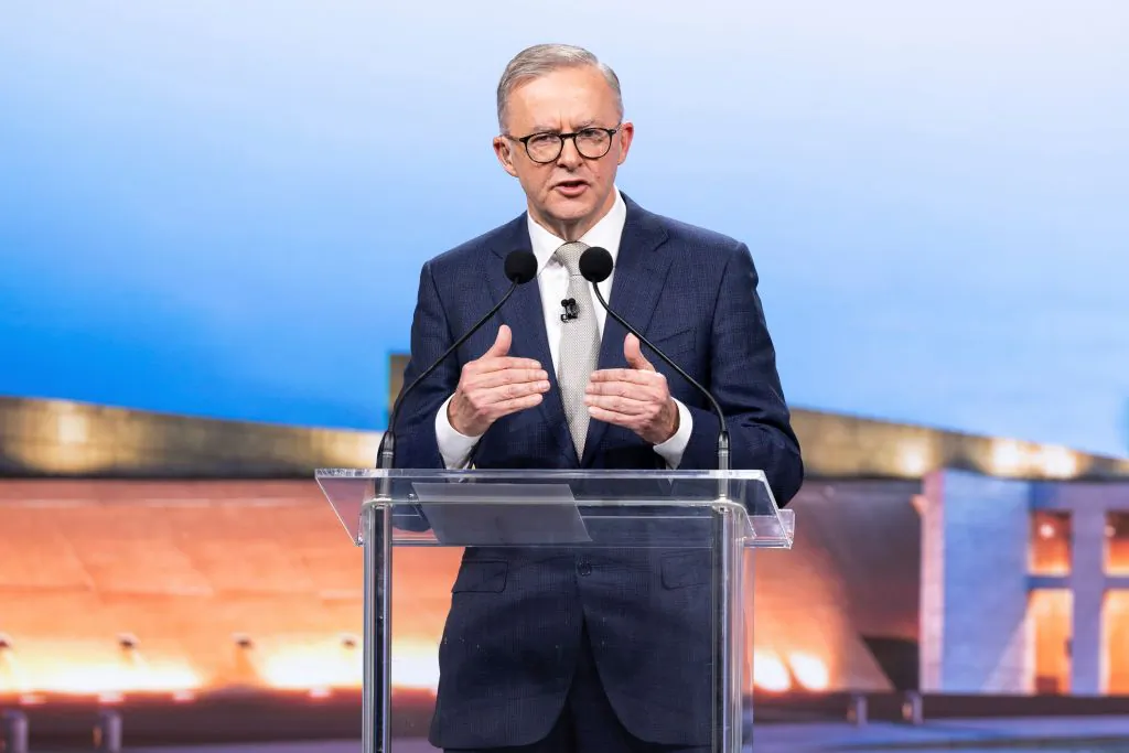 Australian opposition leader Anthony Albanese debates on live television ahead of the federal election at the Nine studio in Sydney, Australia on May 8, 2022. (Photo by Alex Ellinghausen - Pool/Getty Images)