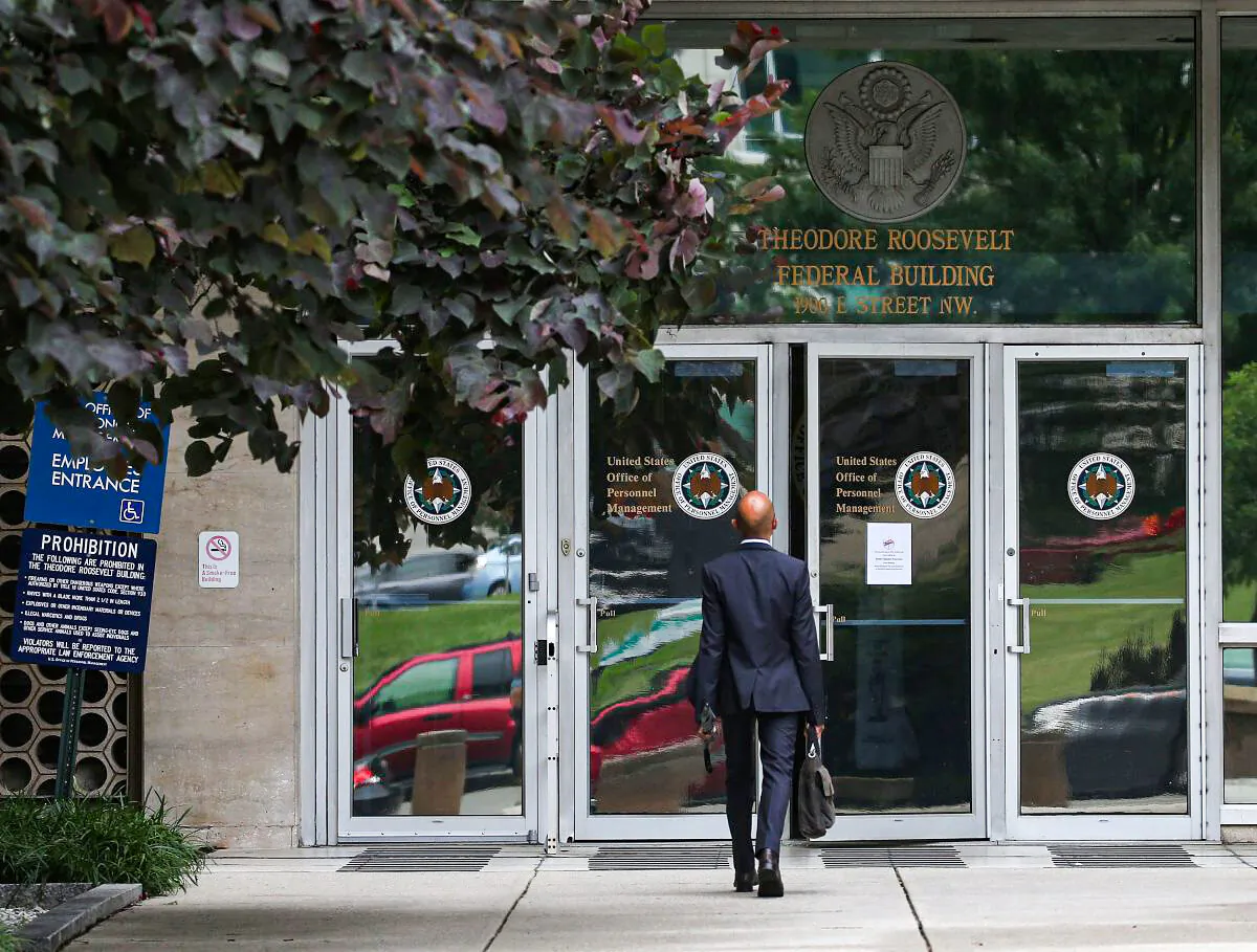 The entrance to the Theodore Roosevelt Federal Building that houses the Office of Personnel Management headquarters is shown in Washington on June 5, 2021. (Mark Wilson/Getty Images)