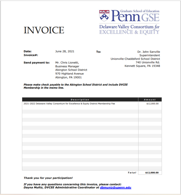 Invoice issued to for $12,000 for fee to join Delaware organization that promotes Critical Race Theory in schools.