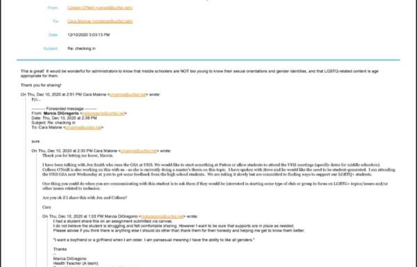 Screenshot of email sent by Charles F. Patton Middle School Counselor Colleen O'Neil to English teacher Cara Malone sharing an email she received from teacher Marcia DiGregorio saying she wants to start a Gender Sexuality Alliance club at the middle school or make it possible for middle school students to attend the high school GSA club meetings.