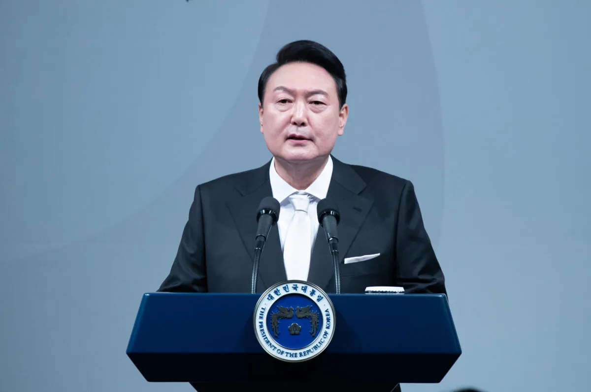 South Korean President Yoon Suk-yeol speaks during an inaugural dinner at a hotel, after his inauguration ceremony at the new presidential office in Seoul on May 10, 2022. (Jeon Heon-Kyun/Pool via Getty Images)