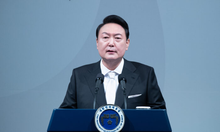 South Korean President Yoon Suk-yeol speaks during an inaugural dinner at a hotel, after his inauguration ceremony at the new presidential office in Seoul, South Korea, on May 10, 2022. (Jeon Heon-Kyun/Pool via Getty Images)