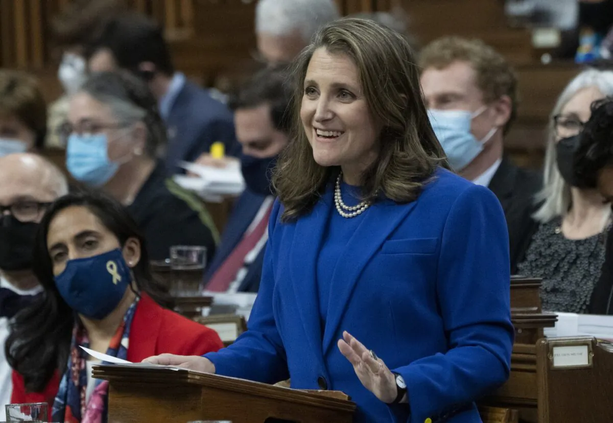 Deputy Prime Minister and Finance Minister Chrystia Freeland smiles as she delivers the federal budget in the House of Commons, April 7, 2022 in Ottawa. (The Canadian Press/Adrian Wyld)