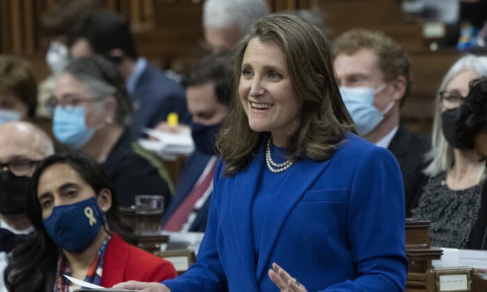 Deputy Prime Minister and Finance Minister Chrystia Freeland smiles as she delivers the federal budget in the House of Commons, April 7, 2022 in Ottawa. (The Canadian Press/Adrian Wyld)
