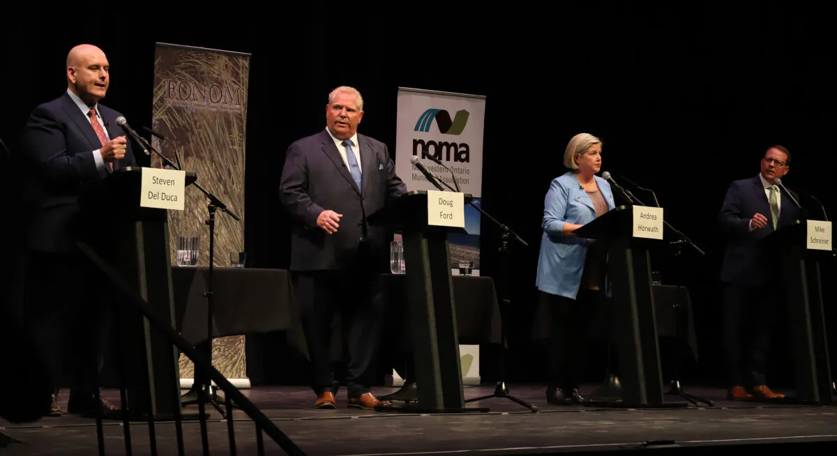 Party leaders take part in a debate ahead of the Ontario provincial election at the Capitol Centre in North Bay, Ont., on May 10, 2022. (The Canadian Press/Gino Donato)