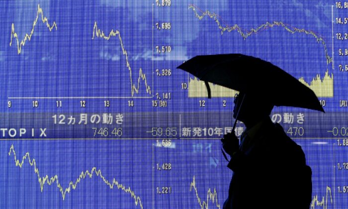 A man looks at an electronic board showing the downward trend of Japan's Nikkei share average on Oct. 27, 2008 in Tokyo. (Kiyoshi Ota/Getty Images)