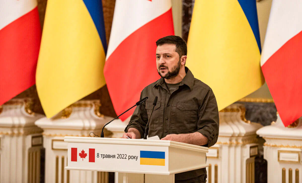 Ukrainian President Volodymyr Zelenskyy holds a press conference with Canadian Prime Minister Justin Trudeau on May 8, 2022 in Kyiv, Ukraine. (Alexey Furman/Getty Images)