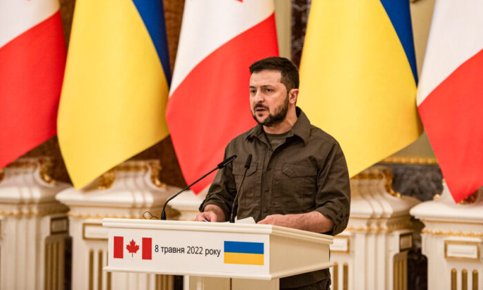 Ukrainian President Volodymyr Zelenskyy holds a press conference with Canadian Prime Minister Justin Trudeau on May 8, 2022 in Kyiv, Ukraine. (Alexey Furman/Getty Images)