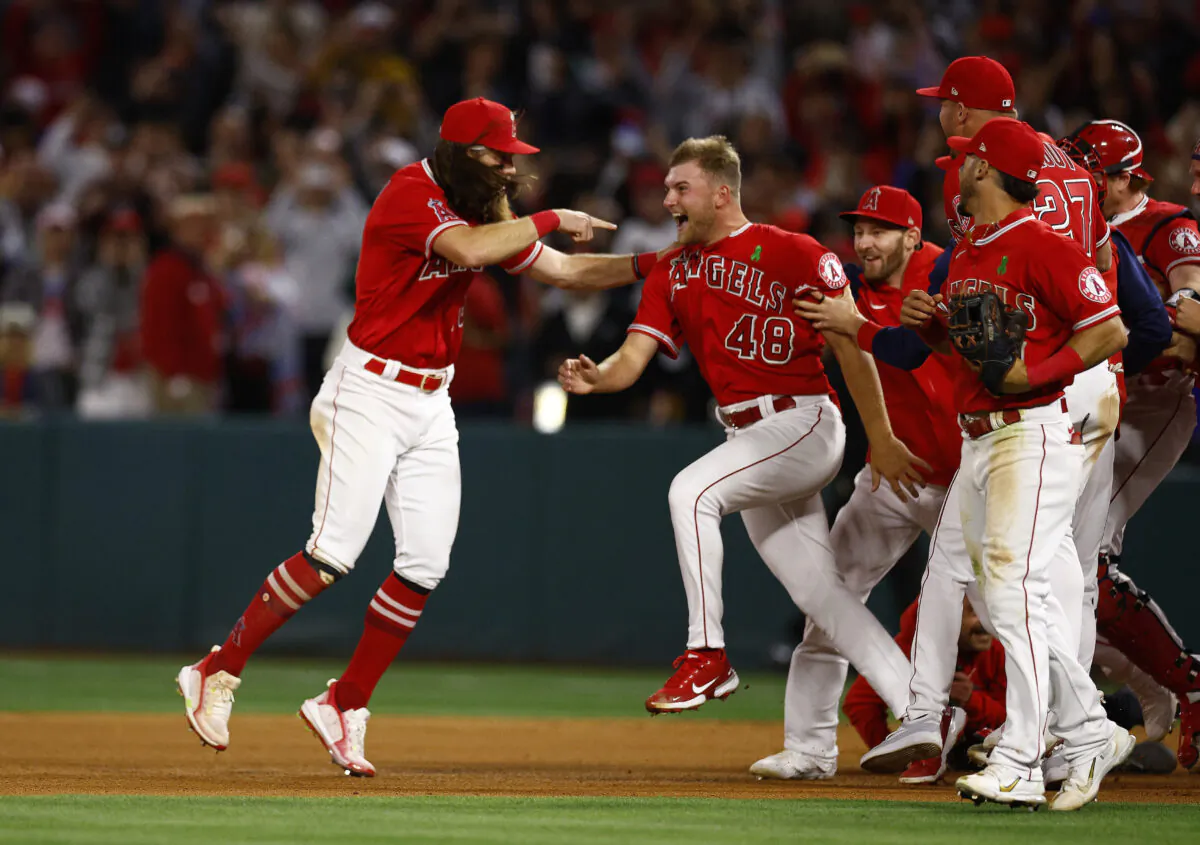 Reid Detmers #48 of the Los Angeles Angels celebrates a no-hitter against the Tampa Bay Rays at Angel Stadium of Anaheim, in Anaheim, Calif., on May 10, 2022. (Ronald Martinez/Getty Images)
