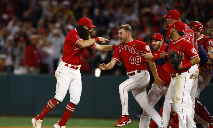 Reid Detmers #48 of the Los Angeles Angels celebrates a no-hitter against the Tampa Bay Rays at Angel Stadium of Anaheim, in Anaheim, Calif., on May 10, 2022. (Ronald Martinez/Getty Images)