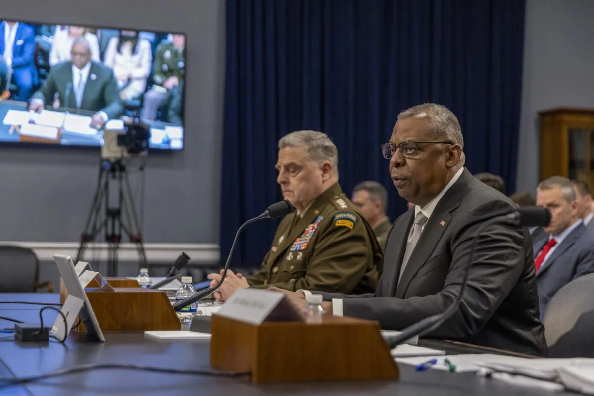 Gen. Mark Milley (L), Chairman of the Joint Chiefs of Staff, and U.S. Secretary of Defense Lloyd Austin called on Congress to "do its job" and pass a budget during their appearance before the Senate Appropriations Committee's Defense Subcommittee in Washington on May 11, 2023.. (Tasos Katopodis/Getty Images)