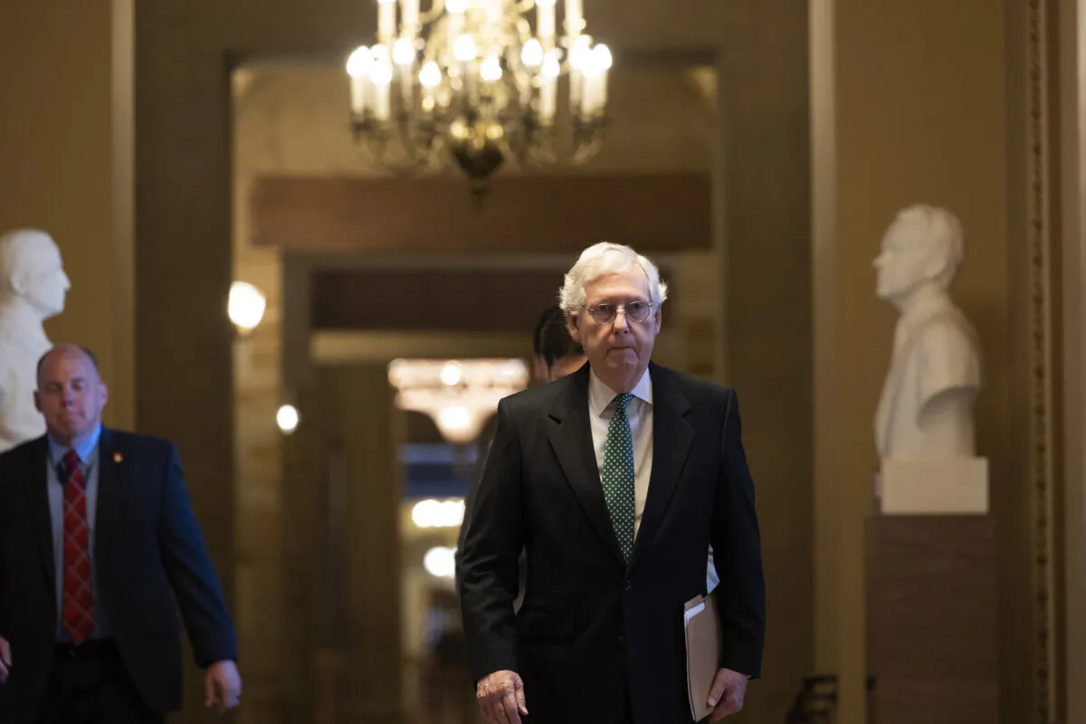 Senate Minority Leader Mitch McConnell (R-Ky.) walks to the Senate Chambers in the U.S. Capitol Building in the District of Columbia on May 11, 2022. (Anna Moneymaker/Getty Images)