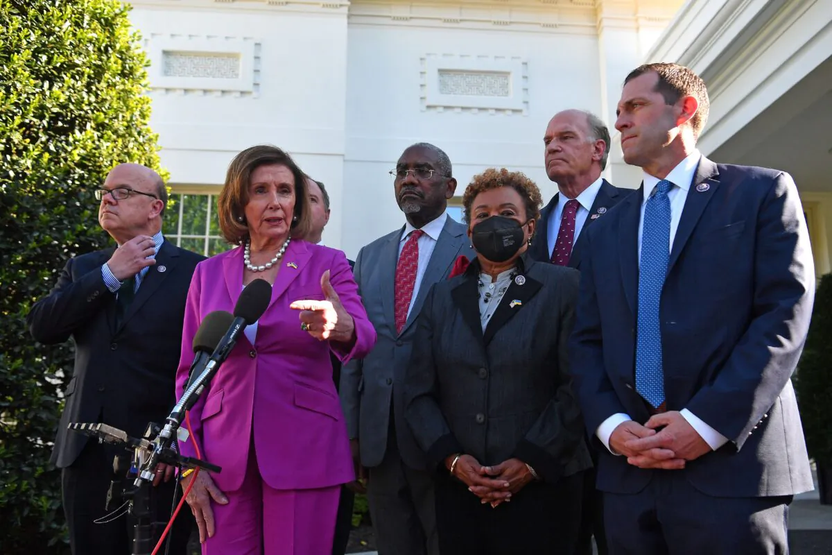 Speaker of the House Nancy Pelosi (2nd L) speaks following a meeting with President Joe Biden alongside Members of the Congressional delegation that recently visited Ukraine, at the White House on May 10, 2022. (Nicholas Kamm/AFP via Getty Images)