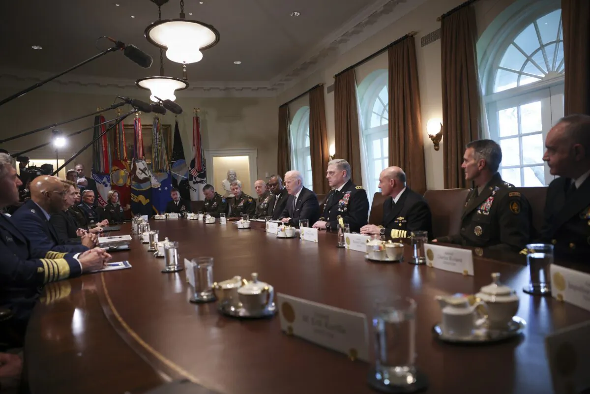 U.S. President Joe Biden meets with senior military members, members of the Joint Chiefs of Staff, and combatant commanders in the Cabinet Room of the White House in Washington on April 20, 2022. (Win McNamee/Getty Images)